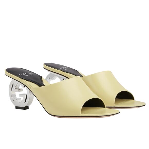 Gucci Bella 38.5/ US 8.5 Interlocking GG Heel Slide Sandals Light Yellow Leather - Picture 1 of 14